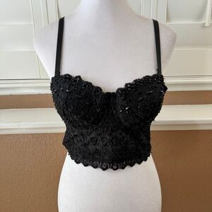 Windsor Beaded Black Bustier Crop Top Size Medium Festival Goth Dark Feminine